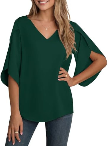 YGJIEGENG Women's Tops Pleated Sleeve V-Neck Shirts Elegant Solid Color Loose Fit Casual Chiffon Blouse Shirts,Dark Green,XL