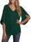 YGJIEGENG Women's Tops Pleated Sleeve V-Neck Shirts Elegant Solid Color Loose Fit Casual Chiffon Blouse Shirts,Dark Green,XL