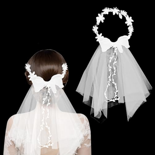 ARONRAVE Halloween Brautschleier, Schleier Braut Weiße Blume Kopfschmuck für Mädchen mit Blüten Perlen Hochzeit Haarbänder Halloween Festival