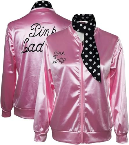 helymore 50er Jahre Ladies Pink Satin Jacke Halloween Karneval Cosplay Kostüm Rosa Jacke mit Halstuch Faschingskostüm, XXL