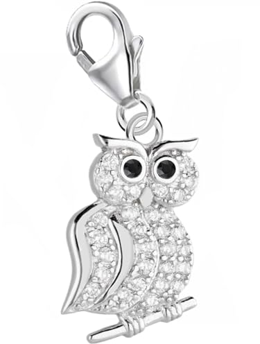 Goldene Hufeisen Charm Anhänger Eule 925 Silber Zirkonia Steine, Karabiner Vogel