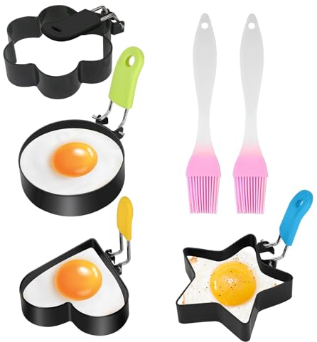 4 Stück Spiegeleiform, Spiegeleierformen für die Pfanne, Eierformer Edelstahl, Pancake Form mit Klappgriffen und Ölpinsel,für Spiegeleier,Sandwiches,Hackbraten