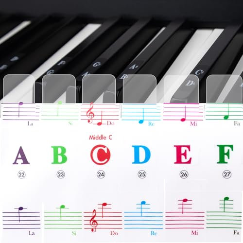 Piano Keyboard Stickers for 88/76/61/54/49/37 White and Black Keys, Azymi Keyboard Piano Stickers for Kids Multi-Color Bigger Bold Letter-Removable Transparent Thinner Film with Cleaning Cloth
