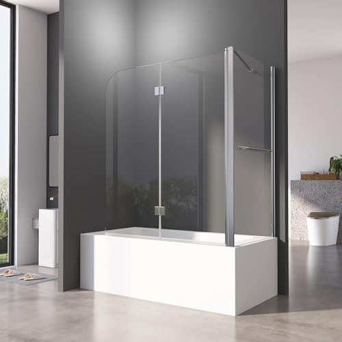 Badewannen Duschwand 75 x 120 x 140 cm mit Seitenwand 2-teilig Faltbar,Faltbar Badewannenaufsatz Duschtrennwand Faltwand aus 6mm Nano Glas