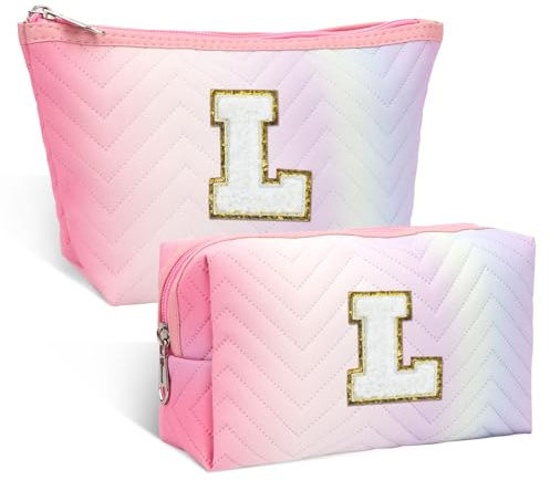 2 Pièces Trousse de Maquillage Initiales, Trousse de Toilette Voyage pour Filles, Cadeaux d'Anniversaire pour Femmes, Organisateur Imperméable pour Articles de Toilette, Cosmétiques et Accessoires (L)