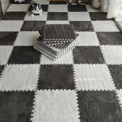 10Pcs 30x30x1cm Plush Foam Puzzle Area Rug, Soft Interlocking Carpet Mats for Bedroom Nursery Playroom Gym Yoga,Cuttable Floor Mat (Grey White)
