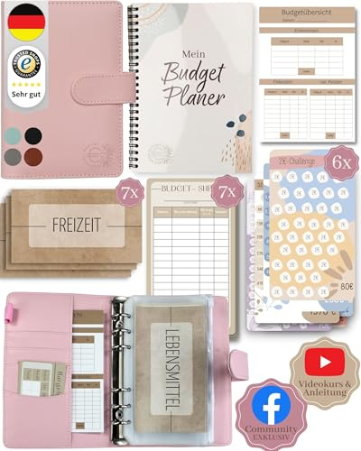 BeginnerBudget® Budget Planner Deutsch Starterset + 144 Seiten Budgetplaner | Sparbuch für Geld Challenge Umschlagmethode Finanzplaner & Ausgaben-Tracker+Anleitung Ringbuch A6 Glattleder Vegan Rosa