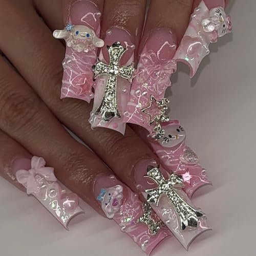 French Press On Nails - Pink Long Coffin False Nails - Cute Kawaii 3D Fake Nails Designs With Cross Kitty Puppy Bow - Acrylic Full Cover Stick On Nails For Women Girls Nail Art Daily Wear Accessories