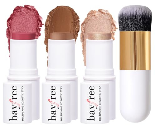 KIMUSE Face Stick Set, 3 Pezzi Fard, Illuminante e Contouring Con Pennello | Per un Trucco Rapido a Casa o in Viaggio: Lunga Tenuta, Sfumatura Facile, Tonalità Adatte a Ogni Carnagione