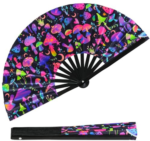 Tugaizi Rave Folding Fan UV Glow Fan Mushroom Folding Hand Fan Bamboo Folding Clack Hand Fan for Music Festivals, Carnival, Disco Party, Neon Party and Drag Queene Dance Performances