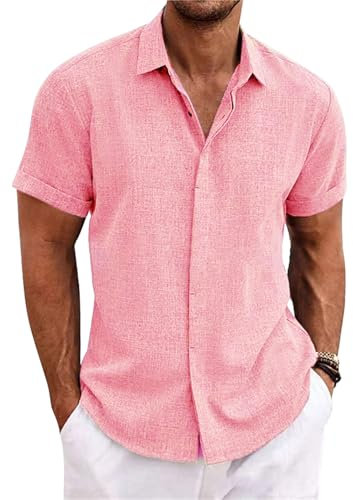 PADOLA Chemise Lin Homme Manches Courtes Boutonnée Chemisette Homme Chemises d'été Unie Chemise de Plage en Coton Coupe Régulière Tee Shirt Décontracté Chemiser (Rose, L)