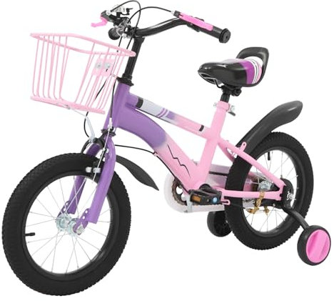 ACROSSPART 14 Zoll Kinderfahrrad, Fahrrad Kinder mit Stützräder und Korb, Kinderfahrrad ab 3 Jahre, Höhenverstellbares Fahrrad Kinder, Kinderfahrräder mit Duales Bremssystem (Lila)