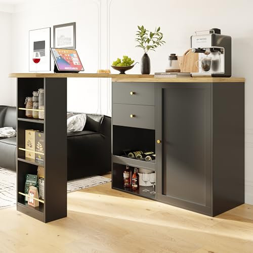 Wohnzimmer Bartisch Kücheninsel 360° drehbarer Bartisch mit 2 Schubladen, Schiebetürschrank & 3 offenen Regalen – Multifunktionaler Schreibtisch für Wohnzimmer, Arbeitszimmer & Esszimmer – Schwarz