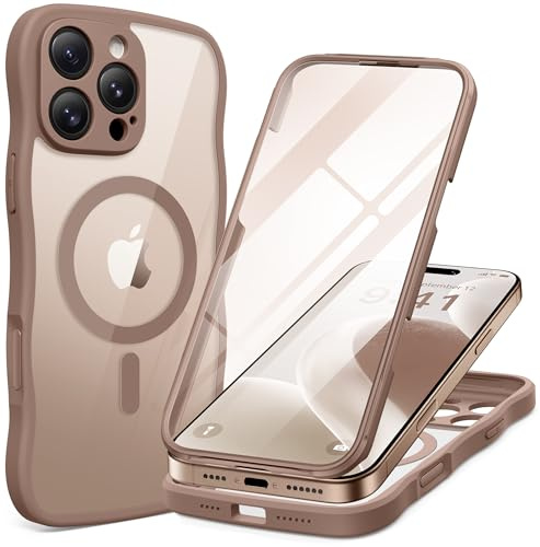 BERFY for iPhone 16 Pro Max Case for Women Girls, [Compatible with MagSafe][Built-in Glass Screen Protector and Camera Protection] Cute Wave Clear Full Body Phone Case for iPhone 16 Pro Max 6.9,Brown