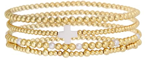 Mikovivi 4pcs Gold Bead Stack Bracelets Set for Women, Non-Tarnish Gold Elastic Cross Pearl Bracelets Stackable Hand Chain Trendy Jewelry Gifts