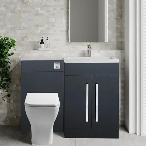 Arko Tana 1100mm Combination Vanity Unit Furniture Set, Wash Basin Bathroom Sink, BTW Toilet WC Pan & Soft Close Seat, L Shaped Storage Cabinet Right Handed (Anthracite)