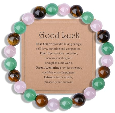 Sahoottie Healing Crystal Bracelet Good Luck Rose Quartz Tiger's Eye Green Aventurine Citrine Crystal Bracelet Gemstone Bracelets Good Luck Gifts Spiritual Gifts for Women
