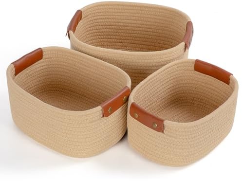 Otauoaea 3er Aufbewahrungskorb Geflochten Baumwollseil, Körbe Aufbewahrung Mit Haut behandeln Korb Aufbewahrung Storage Basket Regalkörbe für Bad, Schlafzimmer, Kinderzimmer, Wohnzimmer(Jute)