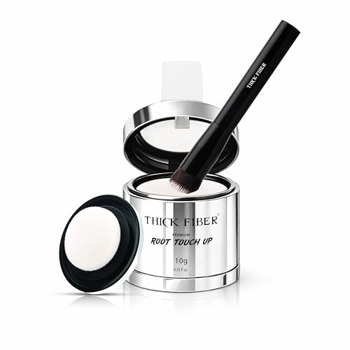 THICK FIBER Root Touch Up & Hairline Powder with Brush (LARGE 10g) – Covers Grey Roots, Thinning Hair & Bald Spots – Sweat & Water Resistant Hair Concealer for Women & Men (White)