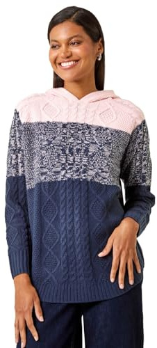 Roman Women Jumper with Hood Ladies Winter Knitted Hoodie with Pockets Fairisle Nordic Aztec Print Hooded Sweater Knit Knitwear Autumn Flattering Casual Smart - Navy Pink - Size 14