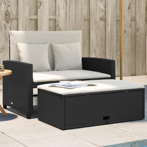 Hoopleep Gartensofa mit Kissen, 2-Sitzer Schwarz Poly Rattan, ausziehbares Schlafsofa für Terrasse, Balkon, Outdoor-Möbel Set, UV-beständig
