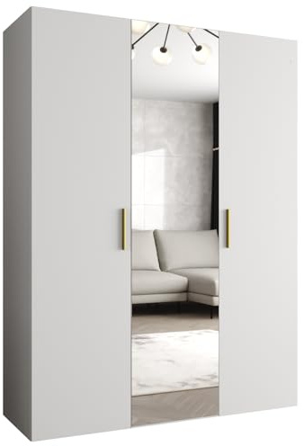 MEBLE KRYSPOL - Kleiderschrank - Garderobenschrank - 150 cm x 202 x 52 cm - Schrank mit Kleiderstange und Spiegel, 3 Türen - für Schlafzimmer, Flur - BARI, Weiß, Griff Gold