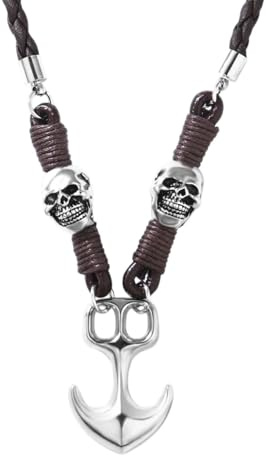 Sanixa Karma NH11054157 Herrenkette Anker Totenkopf Lederkette schwarz od. braun Halskette Männer Anhänger Skull Kette Herren Schmuck Leder Metall 54cm verstellbar maskulin robust