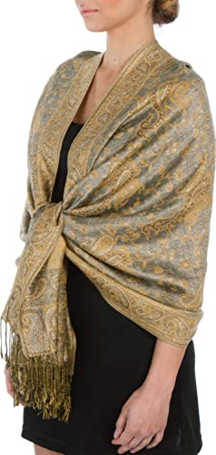 Sakkas Pashmina Schal, doppellagig, Jacquard, Paisleymuster, Stola, Grau/Champagner, Einheitsgröße