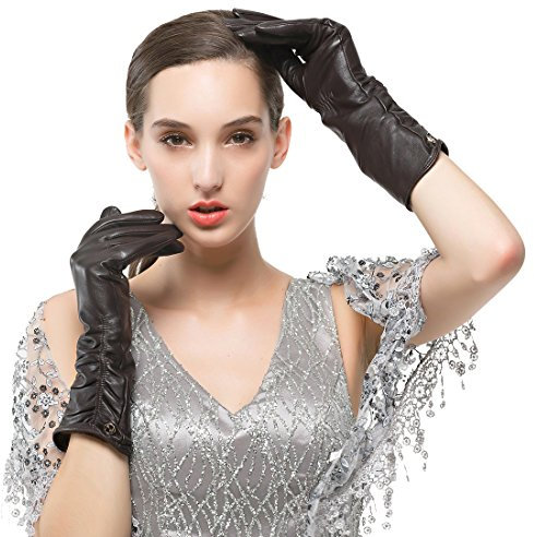 Nappaglo Damen Italienisches Lammfell Leder Handschuhe Winter Warm Langes Fleecefutter Handschuhe (M (Umfang der Handfläche:17.8-19.0cm), Dunkelbraun(Touchscreen))