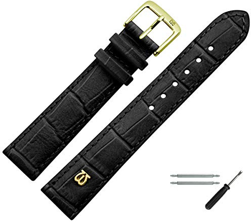 MARBURGER Uhrenarmband 14mm Leder Schwarz Gold Alligator Prägung Mit Naht - Montage Set 5281410000220