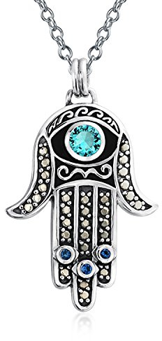 Große Yoga Cubic Zirconia Blau CZ Amulett Talisman Böser Blick Hamsa Hand Gottes Star Of David Anhänger Halskette Für Frauen Für Jugendliche Schwarz Oxidiert .925 Sterlingsilber