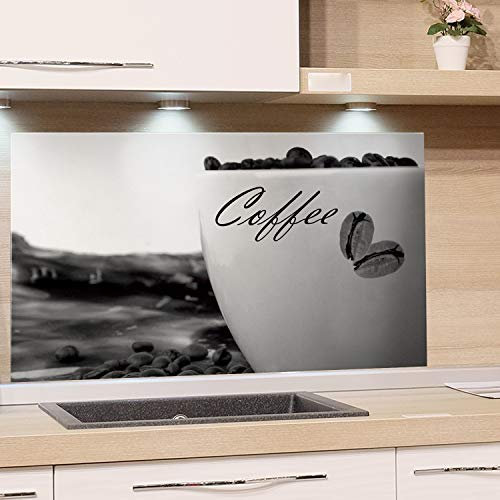 GRAZDesign Küchenrückwand Spritzschutz Küche Glas | Kaffee Tasse | Schwarz Weiß für Herd und Spüle, Rückwand Küche, Glasplatte mit Motiv Küchenbilder, 80x50cm