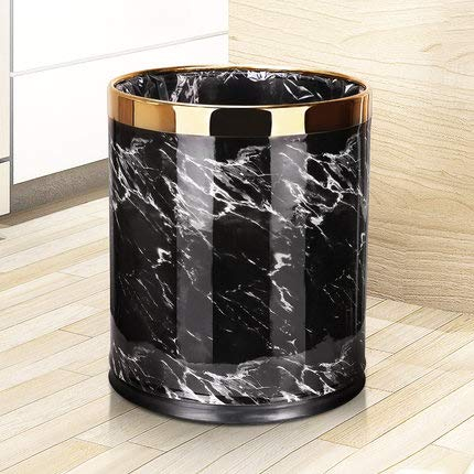 Trash Can Luxury Metal Waste Bin with Leather Cover,Open Top Office Wastebasket,Double Layer, Round Shaped (Black Marble with gold ring)
