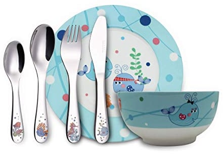 Exzact Juego De 6 Piezas De Cubiertos/Cubiertos De Mesa para Niños De Acero Inoxidable– 1x Tazón, 1x Plato, 1x Cena Cuchillo, 1x Cena Tenedor, 1x Cena Cuchara, 1x Cuchara pequeña