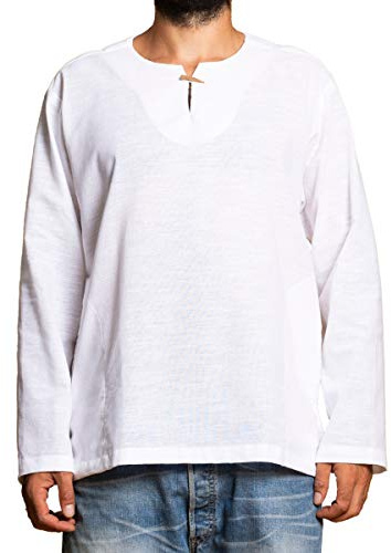 PANASIAM Fischerhemd Herren - Sommerhemd - Longsleeve Shirt - mit Holzknopf | Baumwollhemd aus 100% Baumwolle, Henley Shirt kragenlos, Fisherman Shirt für Alltag, Urlaub und als Mittelaltershirt T01