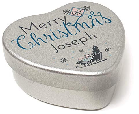 Personalised Merry Christmas Name Heart Shaped Mini Tin Xmas Personalised Name Cute Santa's Sleigh Gifts filled with mini chocolates