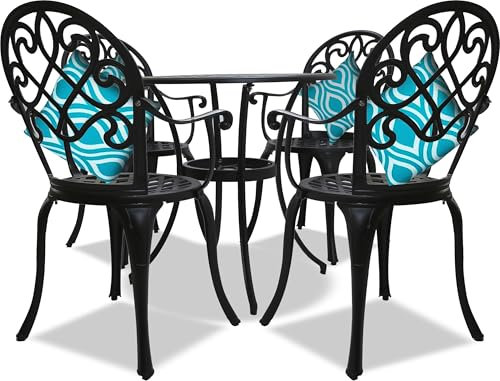 Centurion Supports PREGO Luxurious Garden & Patio Table & 4 Large Chairs with Armrests Cast Aluminium Bistro Set - Black