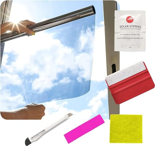 Solar Systems Fensterfolie Sonnenschutzfolie für Wärmeisolierung mit Montagekit - Anti-UV Solarfolie für Innen und Außen - Silber Spiegelfolie Selbstklebend - Hält die Wärme im Gebäude (50 x 200cm)