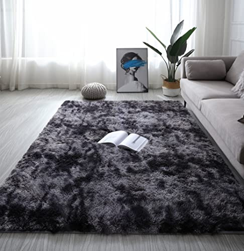 linyingdian Teppich Wohnzimmer Shaggy Teppich Hochflor Teppich Grau Langflor Teppich Kinderzimmer Modern Bunte Batik Teppich Jugendzimmer Flauschiger Teppich (Dunkelgrau, 120x200cm)