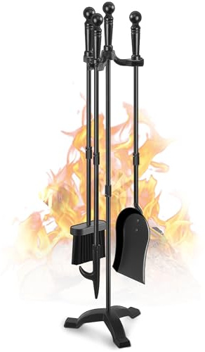 Gtongoko Kaminwerkzeug-Set, 4-teilig, 76,2 cm, schwarz, Schmiedeeisen, großes Feuerwerkzeug-Set für drinnen und draußen, inklusive Schürhaken, antike Schaufel, rustikale Bürste und Ständer,
