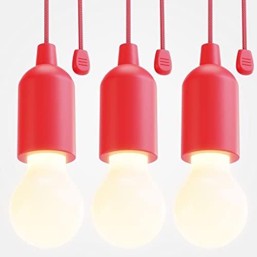 greate LED Lampe batteriebetrieben rot - 3x Pull Light 1W mit Zugschalter inkl Batterien - kabellose Leuchte warmweiß - mobiles Licht ideal für Garten Zelt Camping Kleiderschrank Party Dekoration