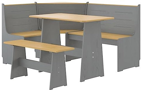 vidaXL Essgruppe 3-TLG. Tischgruppe Sitzgruppe Esszimmergarnitur Tischset Eckbank Esszimmertisch Eckbankgruppe Honigbraun Grau Massivholz Kiefer