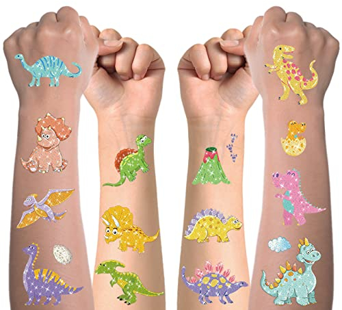 Tattoo Kinder, 10 Blätter Glitzer Dinosaurier Temporäre Tattoos Set, Wasserdichte Hautfreundliche Tattoo für Mädchen und Jungen, Geburtstagsparty Dekoration Zubehör für Kindergeburtstag Mitgebsel
