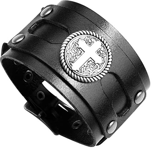 Aroncent Herren Kreuz Leder Armband: Kreuz Armreifen für Herren Verstellbar Breit Herrenarmband Armkette Retro Punk Rock Wickelarmband Surferarmband Schwarz