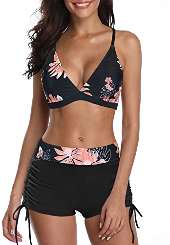 Bikini Damen Set Push Up Verstellbar Bikinioberteil Zweiteiliger Wickel Bikinihose Tiefer V Ausschnitt Oberteil Bikinihose Hotpants Strandkleidung