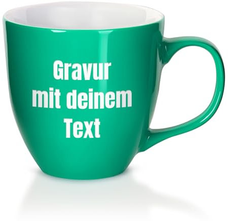 Mahlwerck XXL Jumbotasse, Große Porzellan-Kaffeetasse mit hoch-glänzender Oberfläche, 450ml, Lagoon Blue, 3 Zeilen graviert, Links vom Henkel