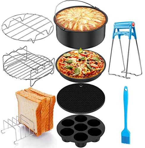 Air Fryer Accessories 7 Inch Round, 9 Pcs General Air Fryers Accessory Set Compatible for Cosori 3.5L, Tower 4.3L, Ninja 3.8L Deep Basket Airfryer Including Air Fryer Rack, Cake Pizza Pan and Clip