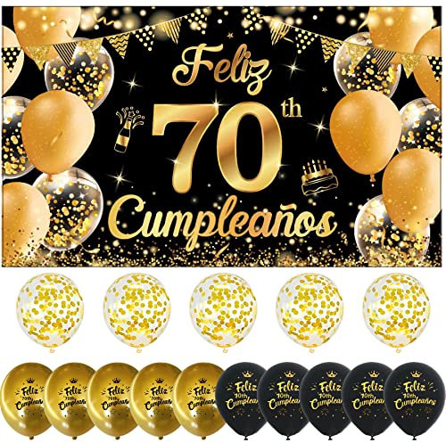 (1+15) Decoración para Cumpleaños 70 en Español - Pancarta Feliz Negro Oro con 15 Globos, Happy Birthday Fondo Cartel - Kit de Adornos para 70 Años