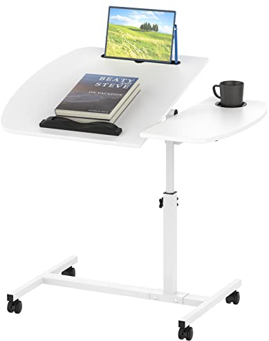 Lvhecforhm Bureau avec Roues, Table de Lit a Roulette, Tableau D'ordinateur de Bureau à Réglage pour Ordinateur Portable avec Fente et Porte-gobelet, Debout Mobile 60X40CM, Pliable Blanc