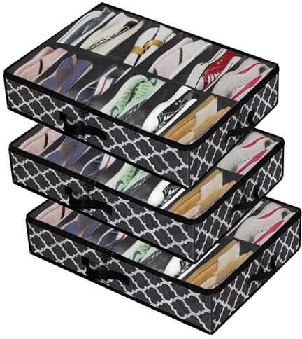 YOUNTHYE 3PCS Under Bed Shoe Storage Organiser, Foldable Shoe Storage Box Underbed Shoe Organiser Shoe Storage with Clear Window and Zippers, Fits 36 Pairs Total